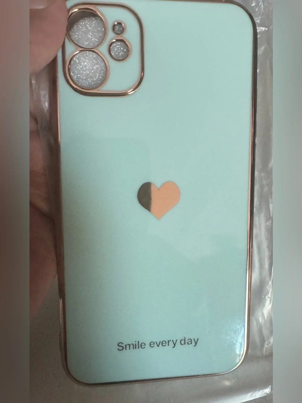 Teageo Pearl Aqua Gold Trim iPhone 11 Case with Heart  -  “Smile Everyday”